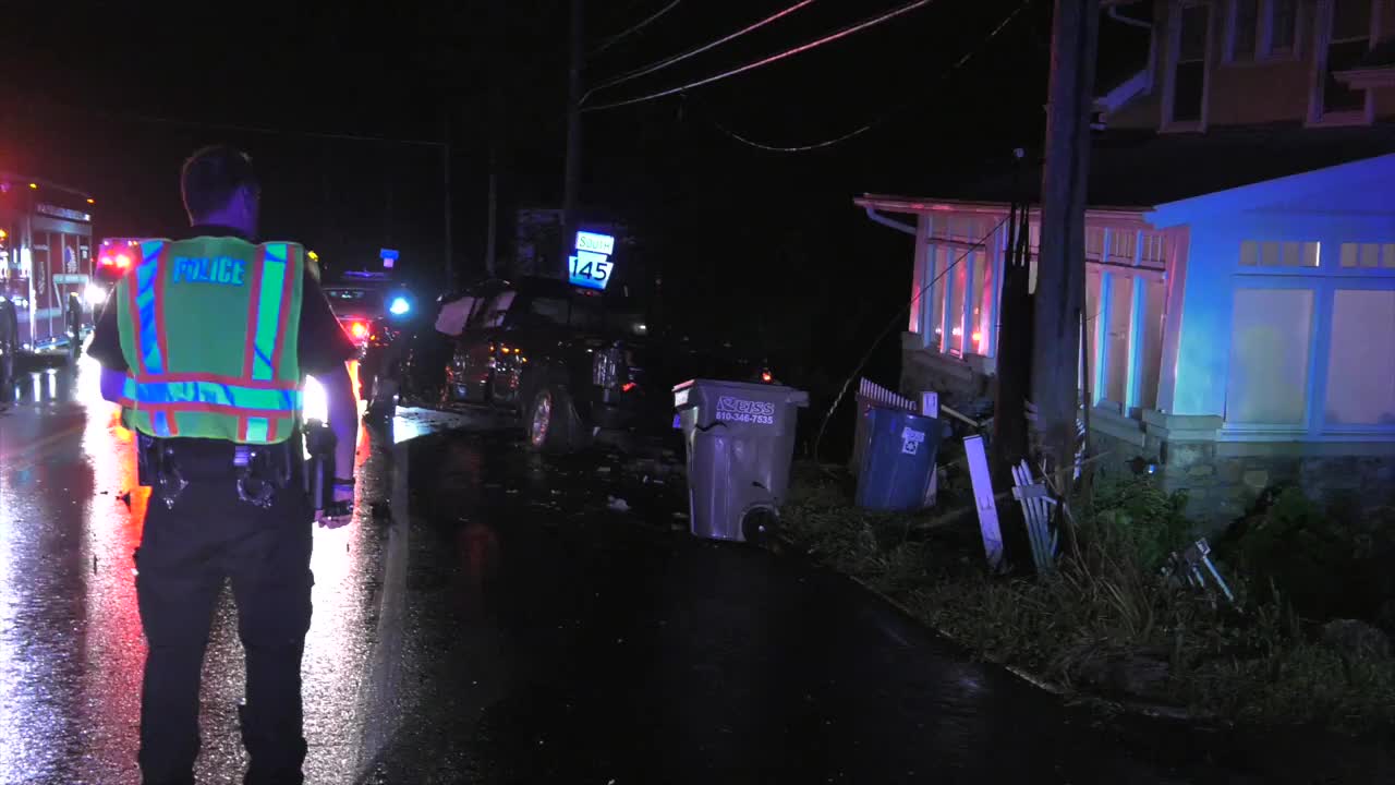 Chevy Pick-up plows into wall, utility pole and barely misses house, D.U.I.