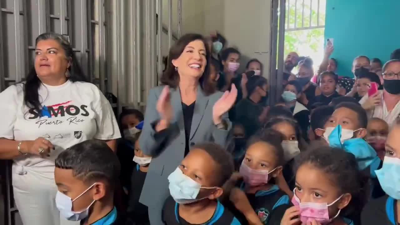 Maskless Devil NY Gov. Kathy Hochul Dances With Masked Children To Celebrate Victory