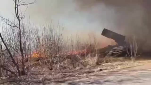 Heavy flamethrower system TOS-1A "Sun" firing on the positions of Ukrainian nationalists