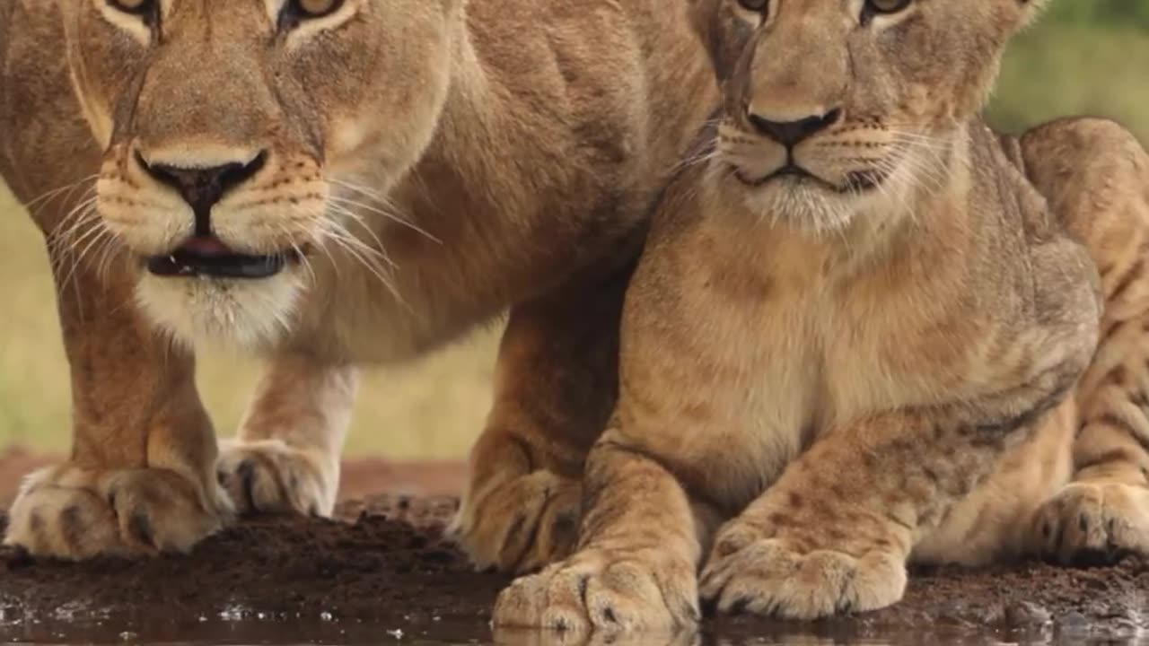See this lion. Mother and baby lion looking very hardly..