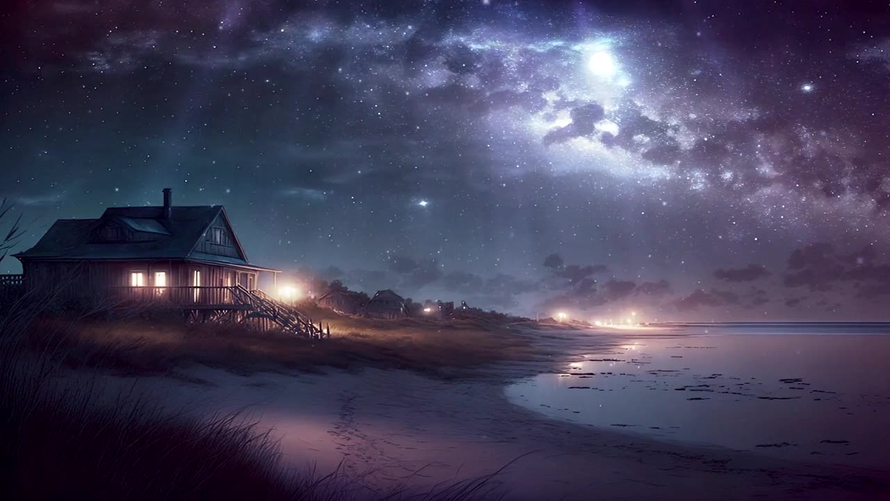 house by the sea with full moon