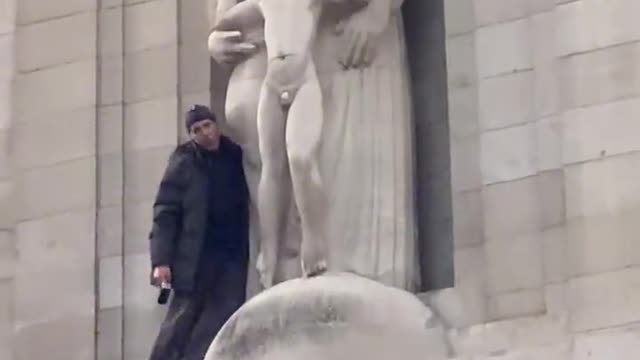 🔺Someone has climbed onto the BBC building and smashing up the Eric Gill pedo statue