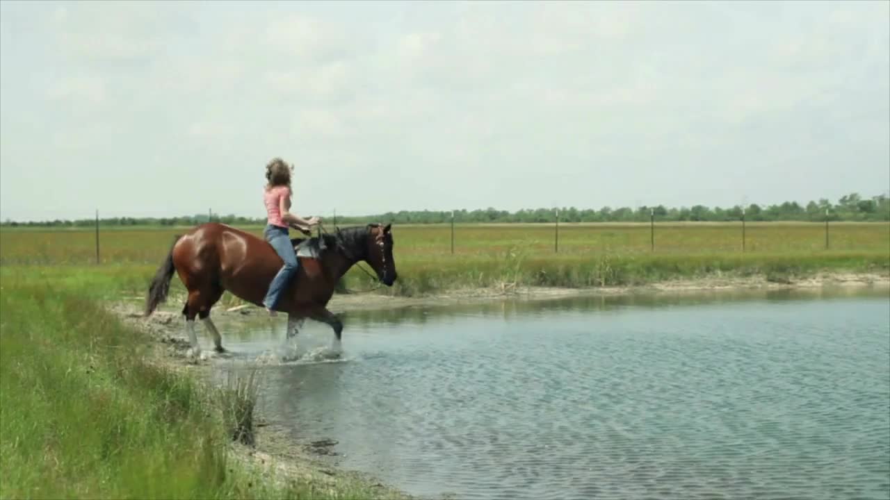 riding the horse in the pond