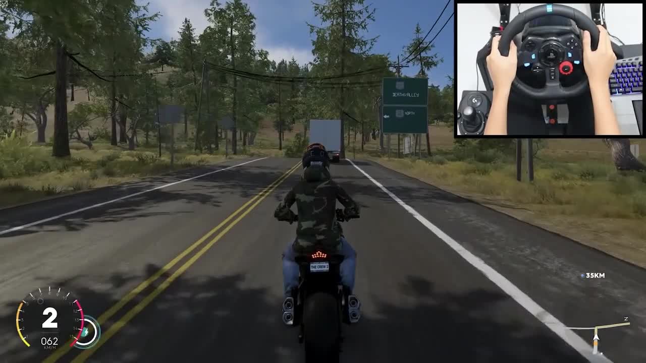 Drive a motorcycle with a steering wheel.