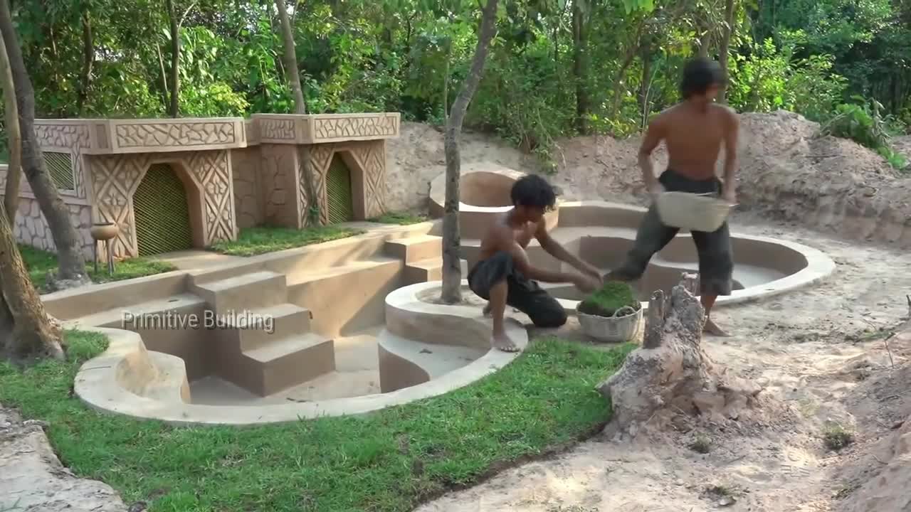 35 Days Building Complete - Build Underground House,grass roof with Decoration Swimming Pool