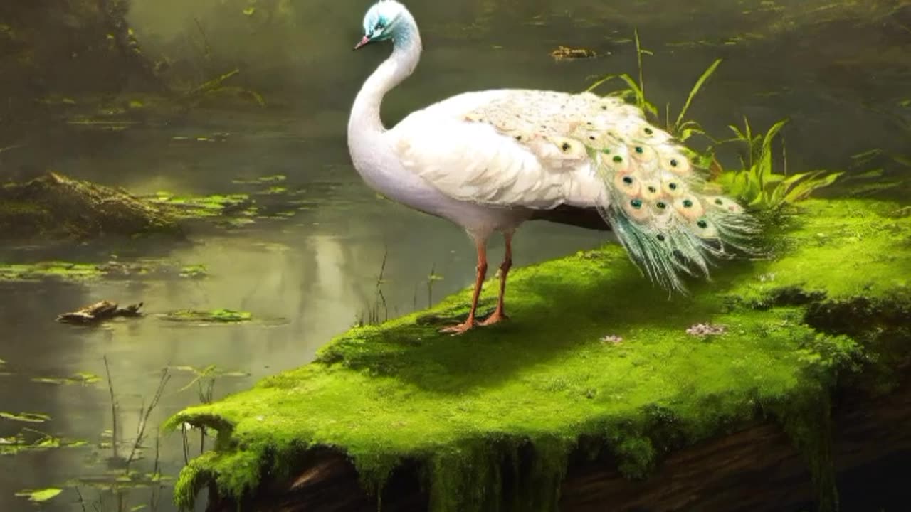 A white peacock with colorful feathers