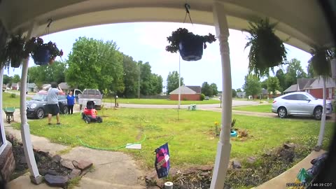 Guy Slips Backwards on Ramp and Falls off Lawnmower While Reversing it Down From Truck Bed