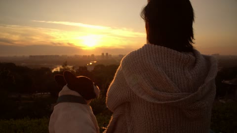 A woman with her dog watching the sunset