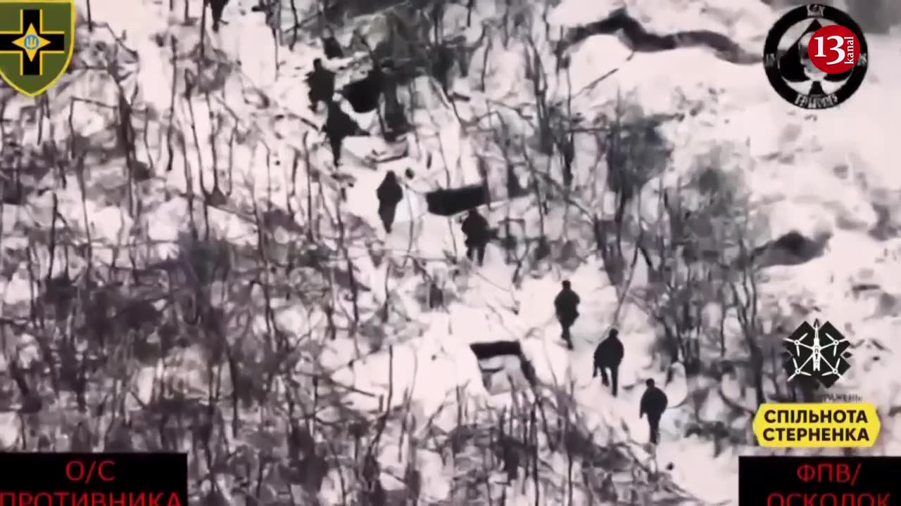 Footage of fleeing Russian soldiers after coming under drone attack in a snowy area