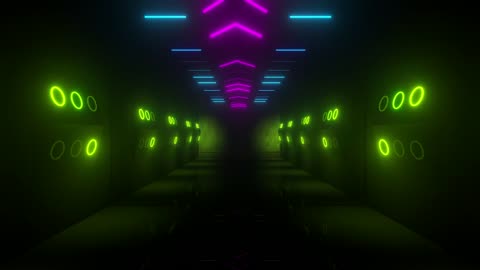 Neon lights in tunnel walls with a gate at the end
