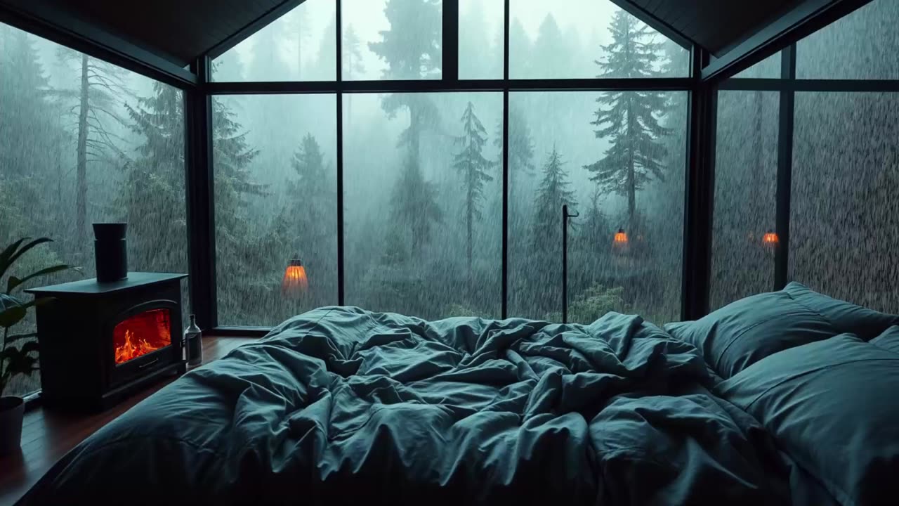 Warm Room With Piano Music and Rain in the Forest - Create Calm for a Good Night's Sleep