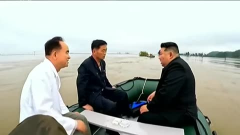 North Korean leader Kim inspects flooded area on rubber boat