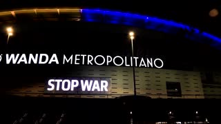 Atletico Madrid's stadium lights up in Ukrainian flag