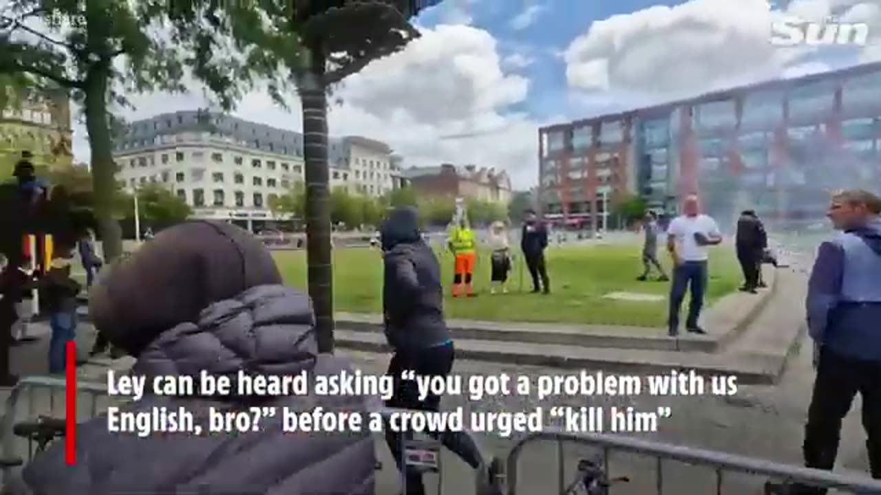 Vile riot thug joins racist attack on lone black man after asking 'Got a problem with us English?'