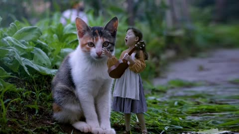 Cute baby with her cat