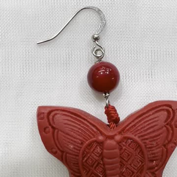Handmade Unique 2” Drop Earrings with Red Jade, and Cinnabar Butterfly