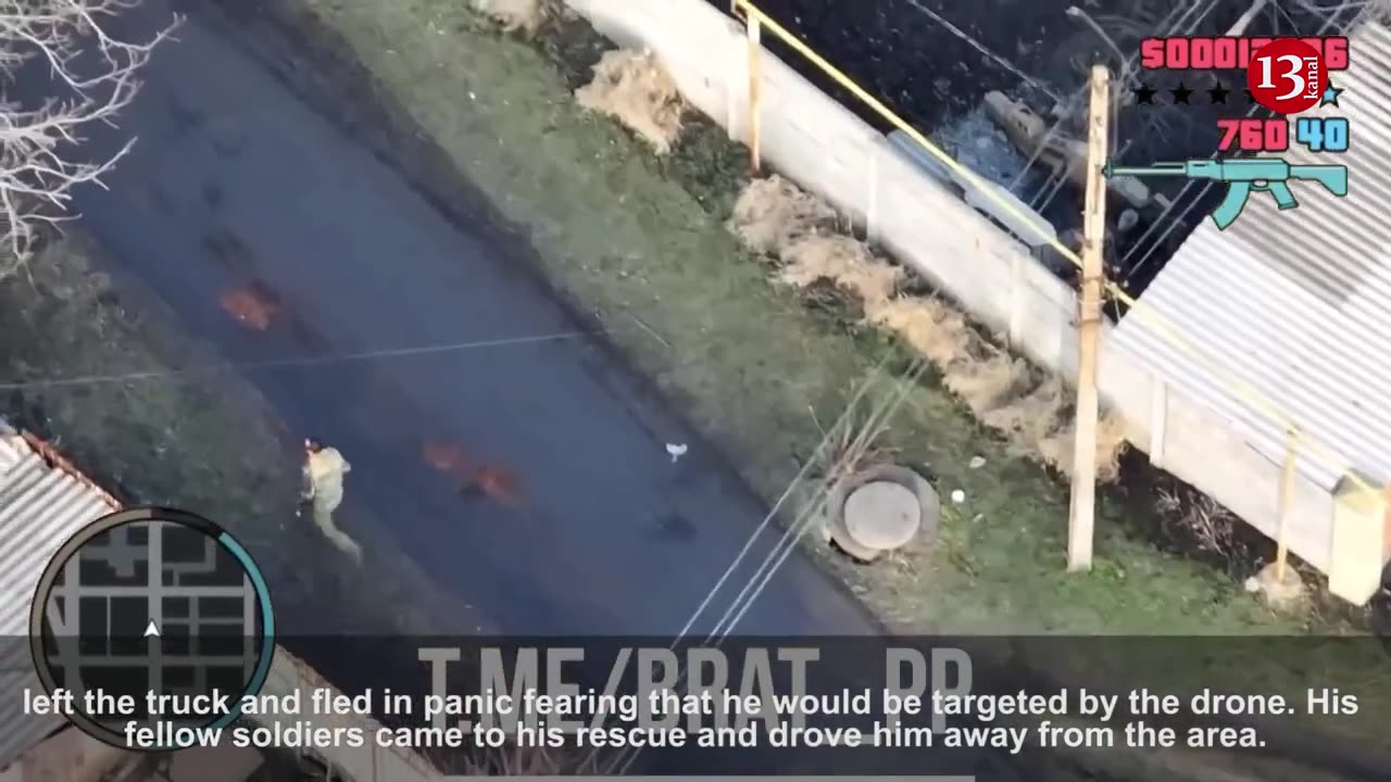 Russian driver struggles with the drone - Getting out of the truck he starts running