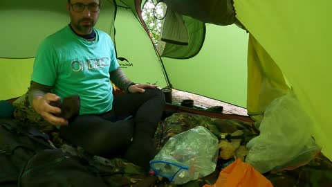 Morning. Coffee in the tent. Raining.