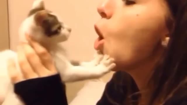 The cat bit the girl's lip