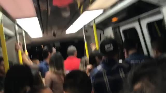 People in crowded subway cheer louis