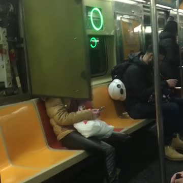 Woman sits on subway train and gets hit by swinging map door
