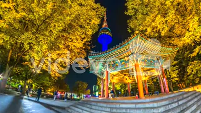 4K, Time lapse view of Seoul Tower in autumn at Night landmark of Seoul city South Korea