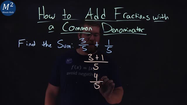 How to Add Fractions with a Common Denominator | 3/5+1/5 | Part 1 of 5 | Minute Math