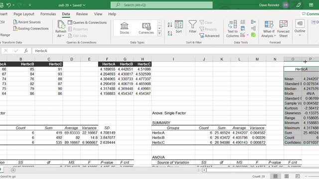 MATH 810 ANOVA Example in Excel