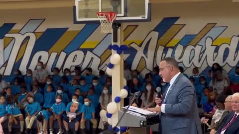 Unmasked Education Secretary Speaks To A Gym Full Of Masked Kids