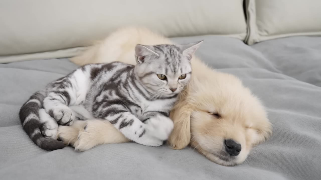 Golden Retriever Puppy And Kitten Meeting For The First Time