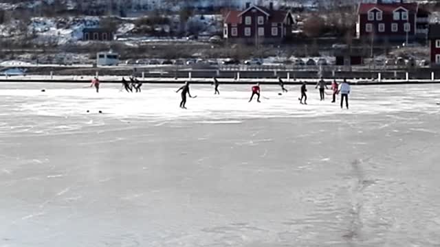 Hockey exercise over the sea in Sweden.