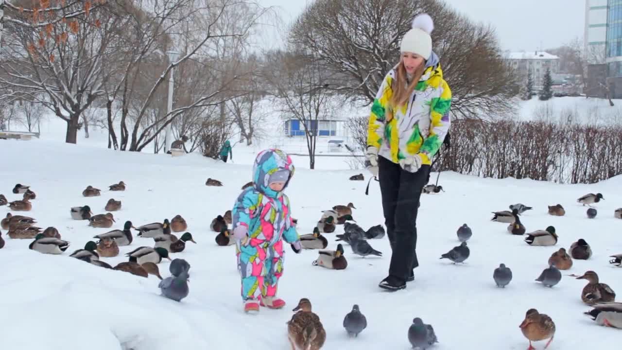 A mother and daughter dressed in bright warm jackets are feeding birds