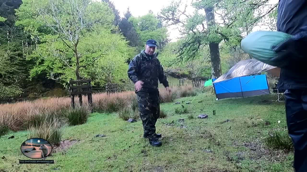 Setting up camp in the rain