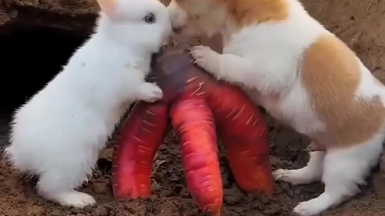 Puppy and bunny eating carrots