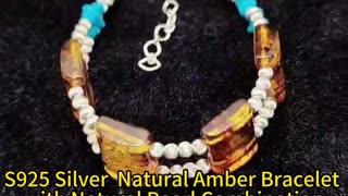 GN-20241029-05 S925 Silver Natural Amber Bracelet with Natural Pearl Combination Bracelet Beautiful