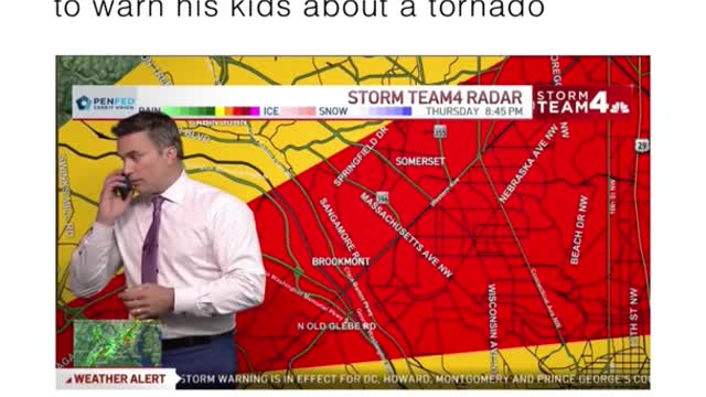Meteorologist interrupts live broadcast to warn his kids about a tornado.
