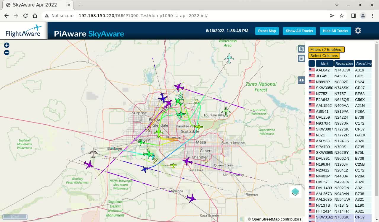 June 16th 2022 - timelapsed skyaware piaware for Phoenix Arizona