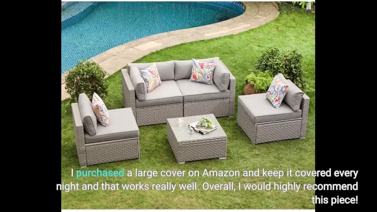 COSIEST 7-Piece Outdoor Furniture Set Warm Gray Wicker Sectional Sofa w Thick Cushions, Glass Coffee