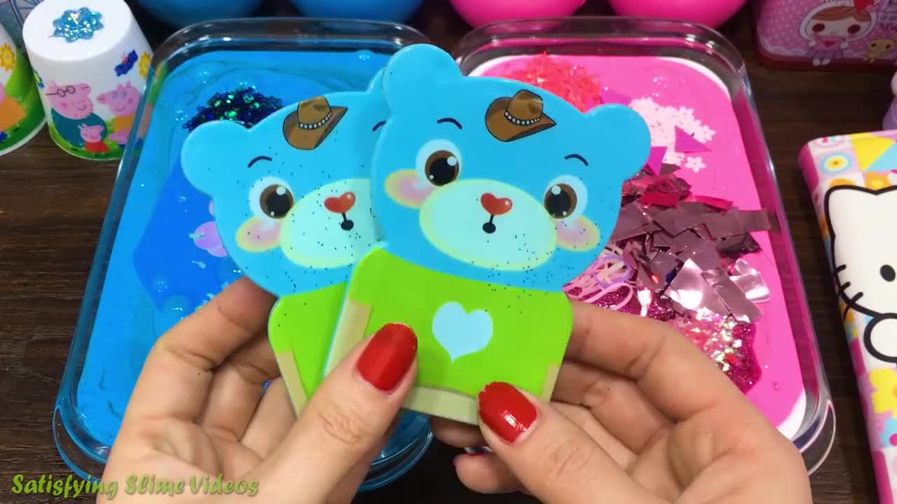 BLUE PEPPA vs PINK HELLO KITTY! Mixing Random Things into Glossy Slime ! Satisfy