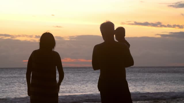 Silhouetted Family Walking Along Beach at Sunset