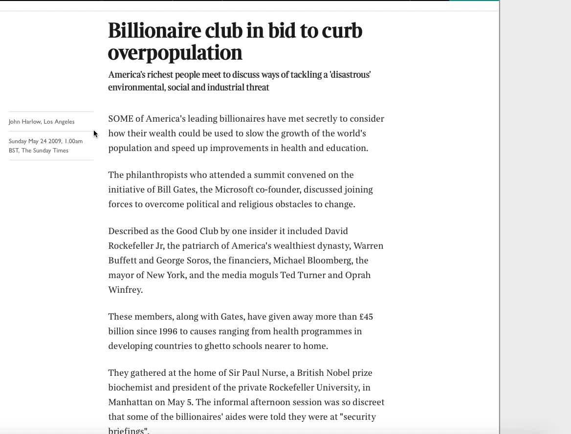 Real Talk about the Article "Billionaire Club in Bid to Curb Overpopulation"