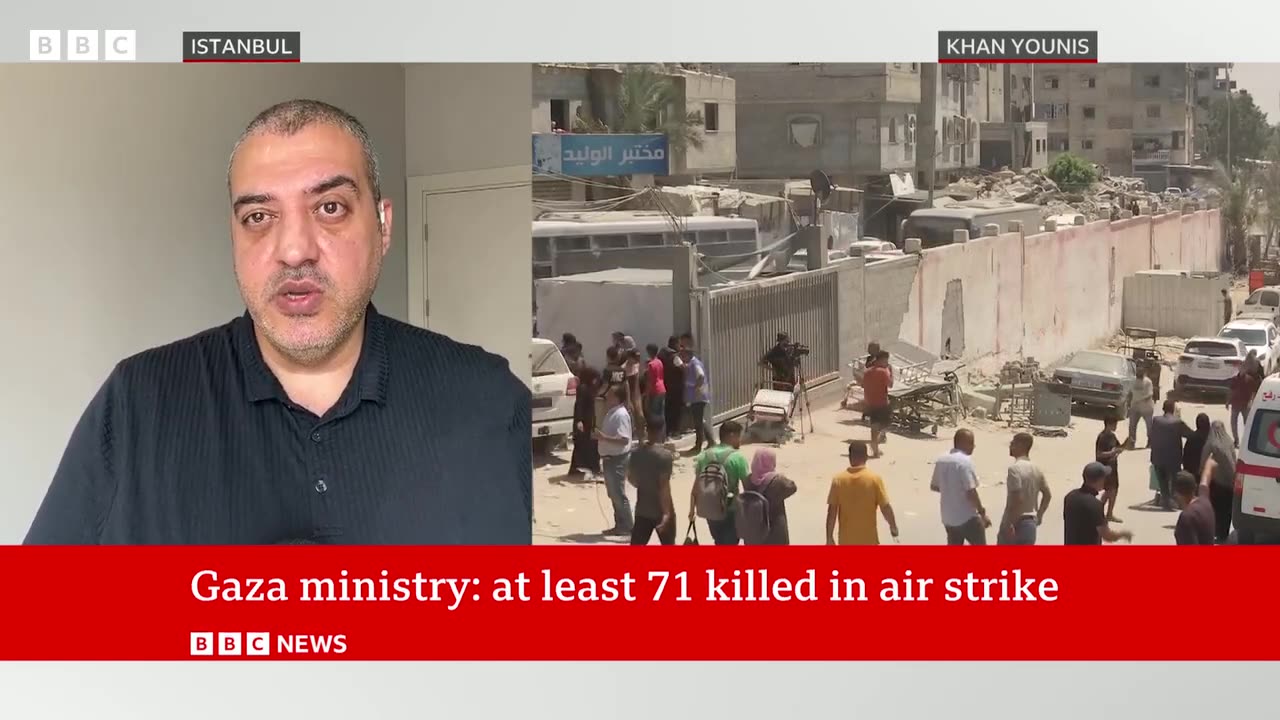 Hamas says 71 killed in Israeli strike on Gaza humanitarian zone | BBC News