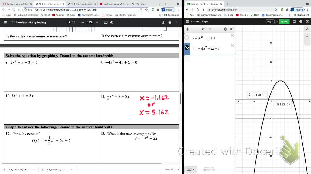 IM2 Alg 1 traditional Solve Quadratics by Graphing Part 2