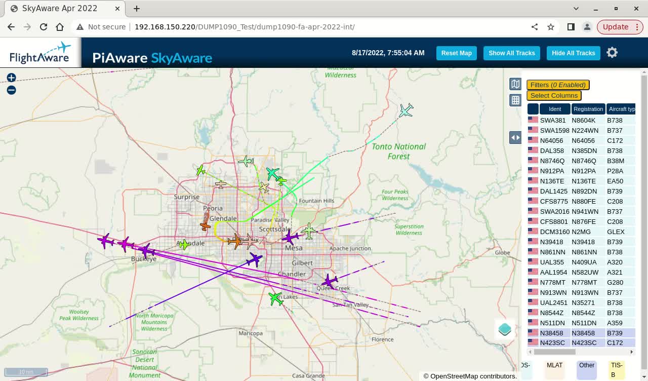 August 16th - 17th piaware time lapse for phoenix az