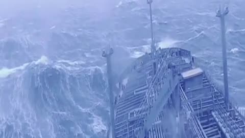 View from the ship's bridge during a storm in the ocean