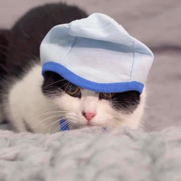 The cat wears a baby cap on his head - cute cat
