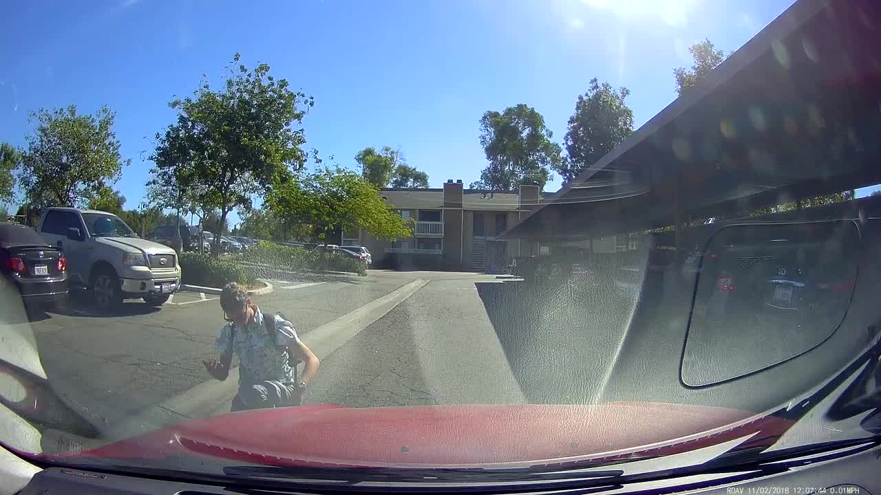 Skateboard guy sunglasses falls in front of red car driving dashcam