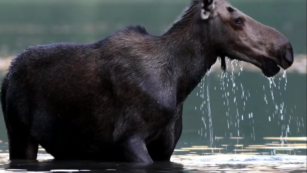 A neat moose in a lake at sunset.