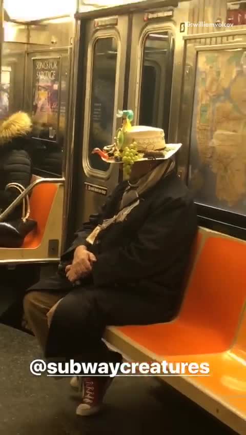 Man wears crazy straw fruit hat on subway