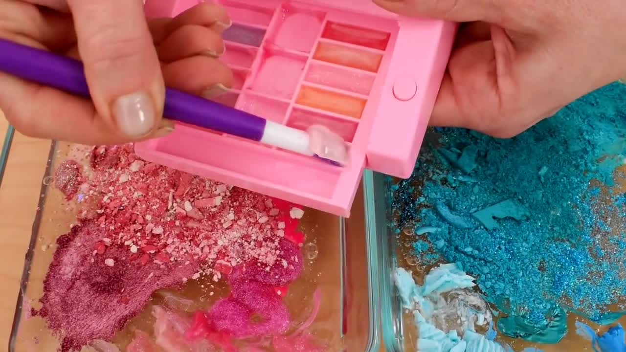 Pink vs Teal - Mixing Makeup Eyeshadow Into Slime! Special Series 77 Satisfying